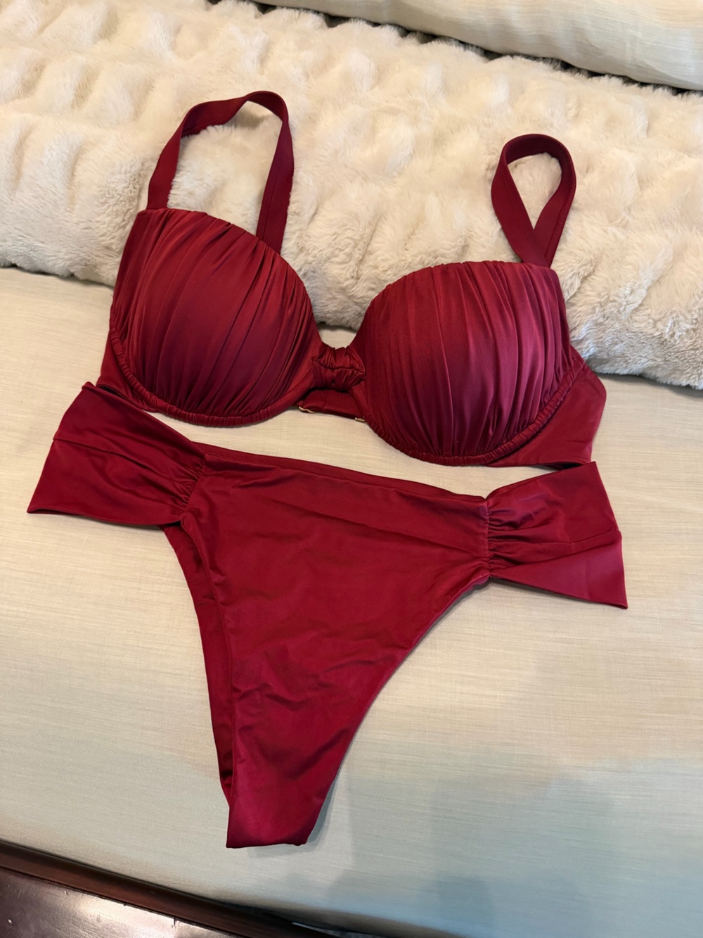 Calzedonia Push Up Top & Draped Brazilian Bottom in Deep Red Shiny Satin